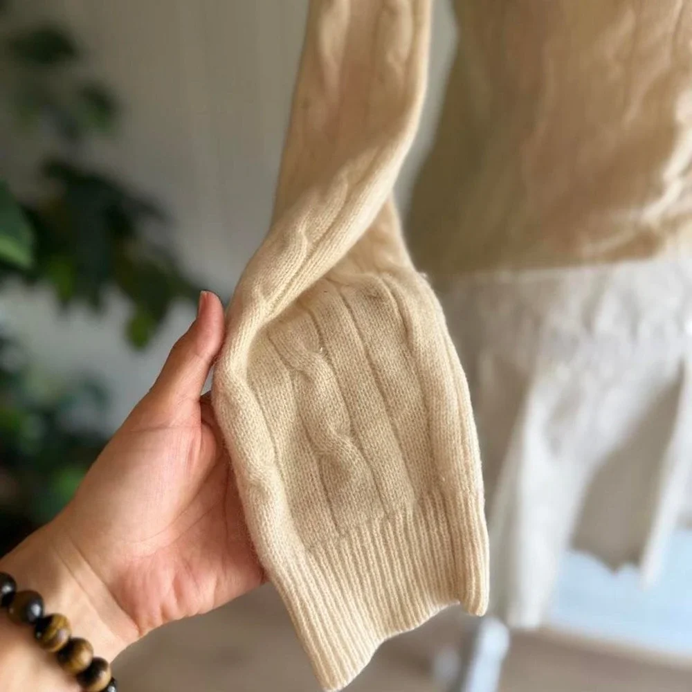 Evelyn Grace Cashmere Cable Knit V-Neck Sweater Cream Women's Size Medium